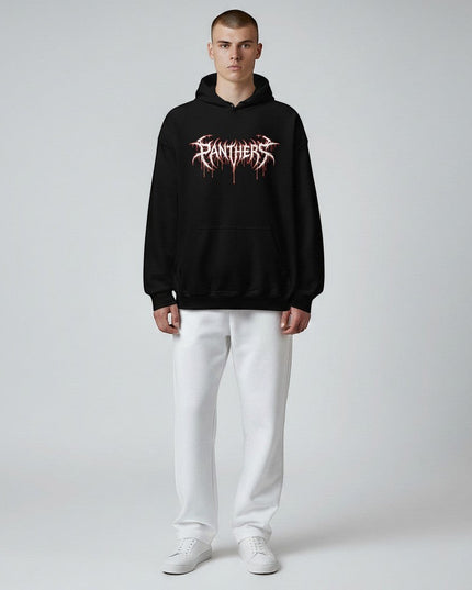 GYM PANTHERS black cotton hoodie with a white and red dripping 'Panthers' graphic logo on the chest.