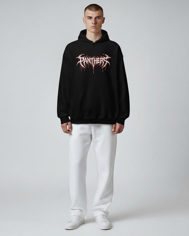 GYM PANTHERS black cotton hoodie with a white and red dripping 'Panthers' graphic logo on the chest.