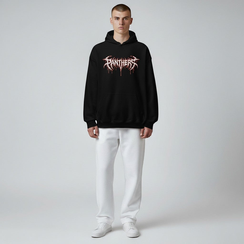 GYM PANTHERS black cotton hoodie with a white and red dripping 'Panthers' graphic logo on the chest.