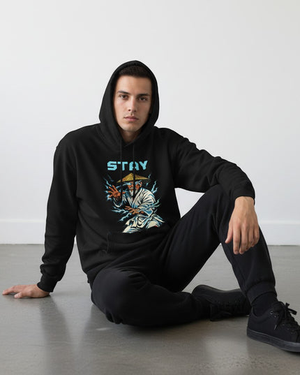GYM PANTHERS black cotton-blend hoodie with a graphic print of a man in a conical hat surrounded by lightning.