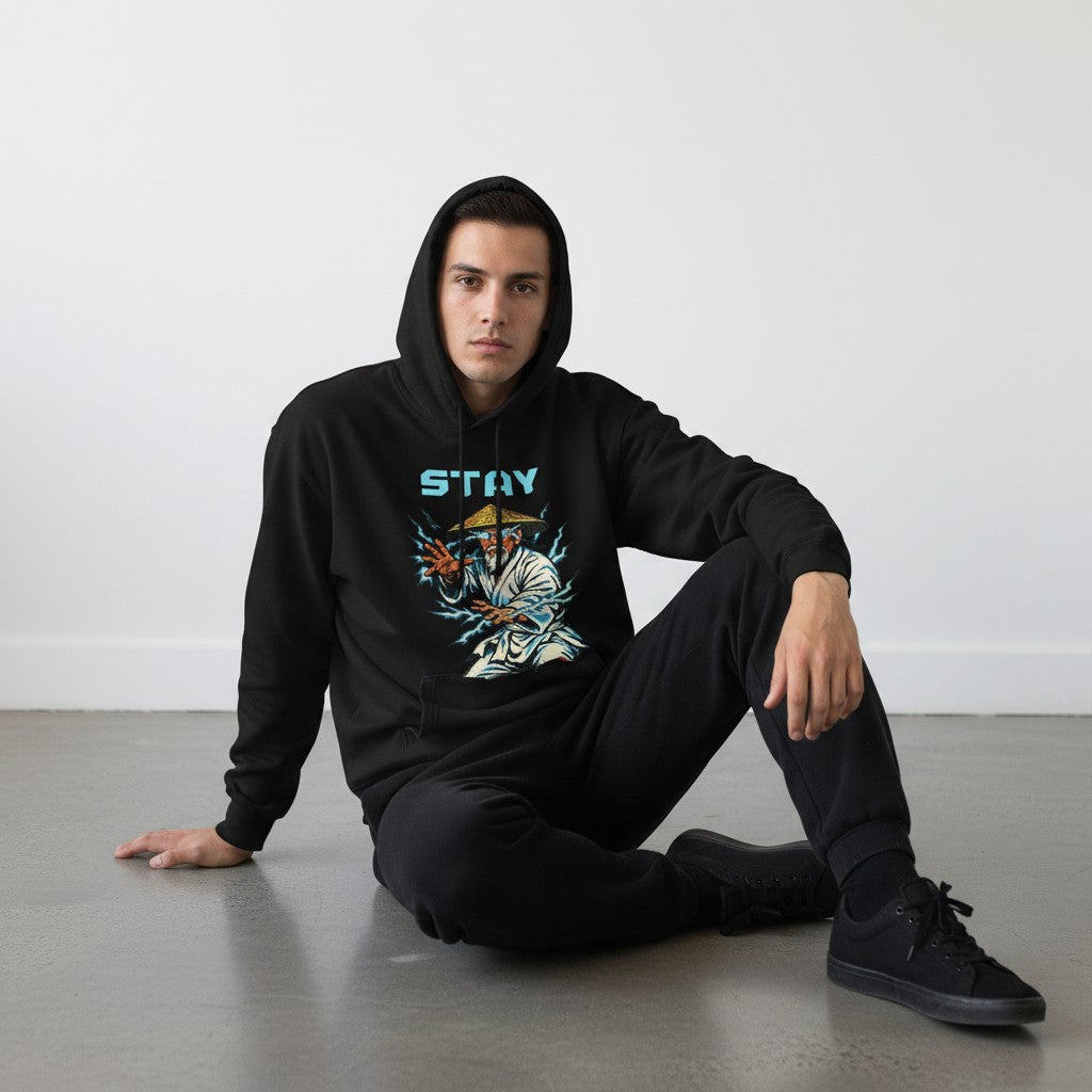 GYM PANTHERS black cotton-blend hoodie with a graphic print of a man in a conical hat surrounded by lightning.