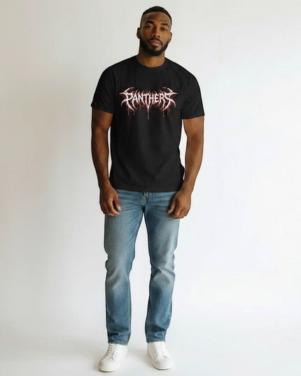 GYM PANTHERS black 100% cotton t-shirt with white and red dripping 'Panthers' graphic logo on the chest.