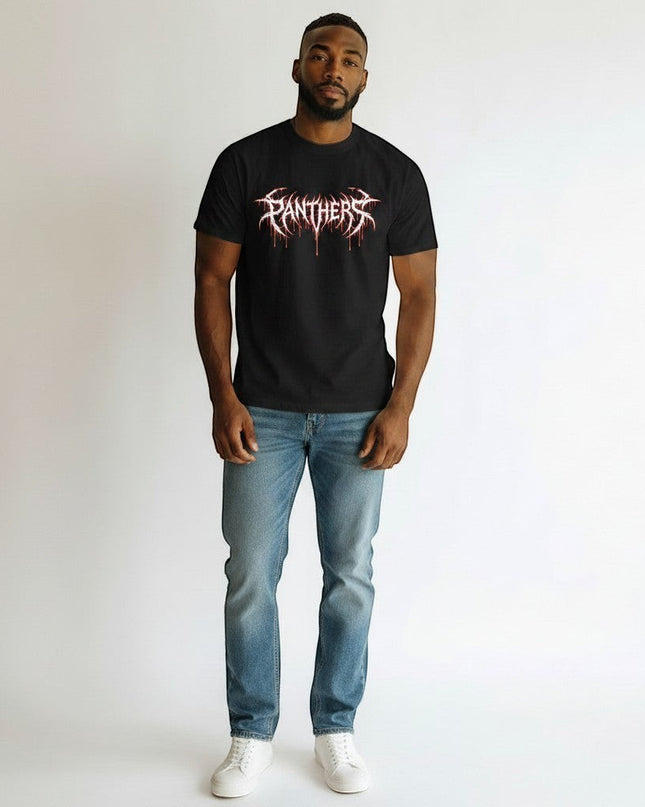 GYM PANTHERS black 100% cotton t-shirt with white and red dripping 'Panthers' graphic logo on the chest.