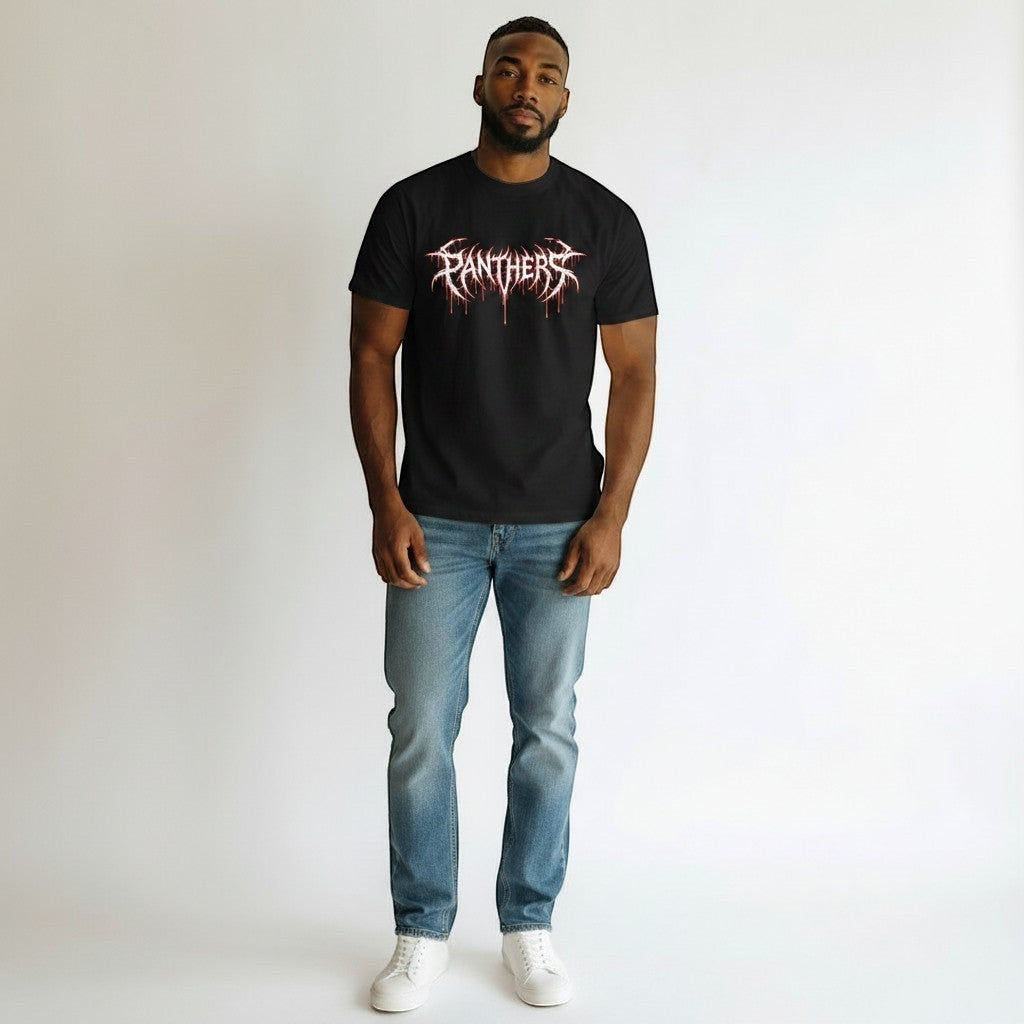 GYM PANTHERS black 100% cotton t-shirt with white and red dripping 'Panthers' graphic logo on the chest.