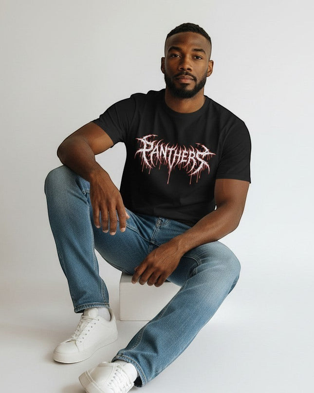 Black GYM PANTHERS t-shirt with white and red dripping 'Panthers' logo graphic. Made from 100% cotton.