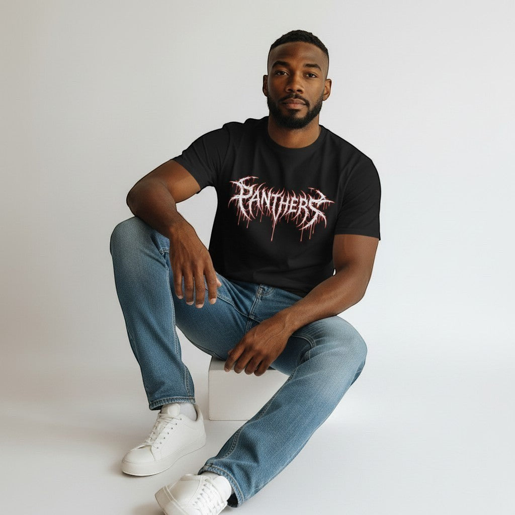 Black GYM PANTHERS t-shirt with white and red dripping 'Panthers' logo graphic. Made from 100% cotton.