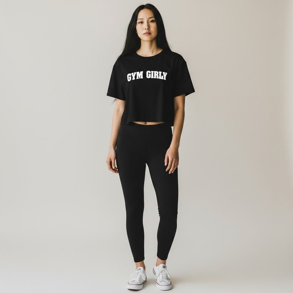 GYM PANTHERS black cotton crop top with white "Gym Girly" text, relaxed fit, short sleeves, crew neck.