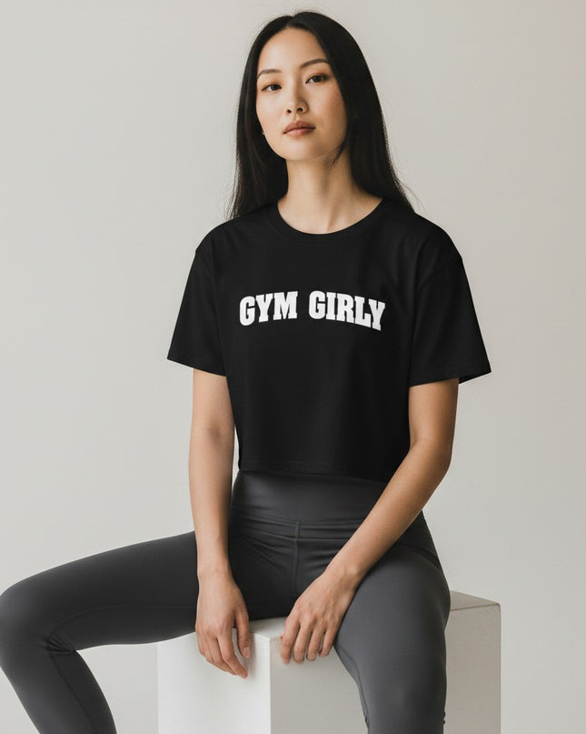 GYM PANTHERS black cotton crop top with white "Gym Girly" text, relaxed fit, short sleeves, crew neck.