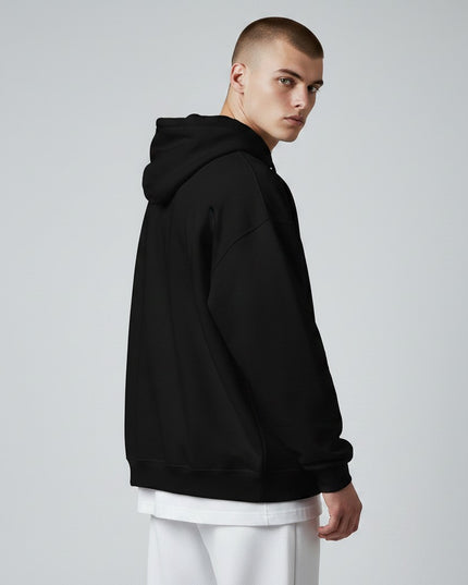 GYM PANTHERS black essential hoodie for men, made with air-jet spun yarn for a soft feel, featuring a double-lined hood and pouch pocket.
