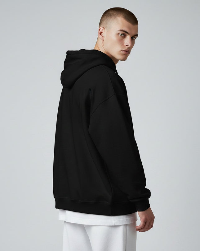 GYM PANTHERS black essential hoodie for men, made with air-jet spun yarn for a soft feel, featuring a double-lined hood and pouch pocket.