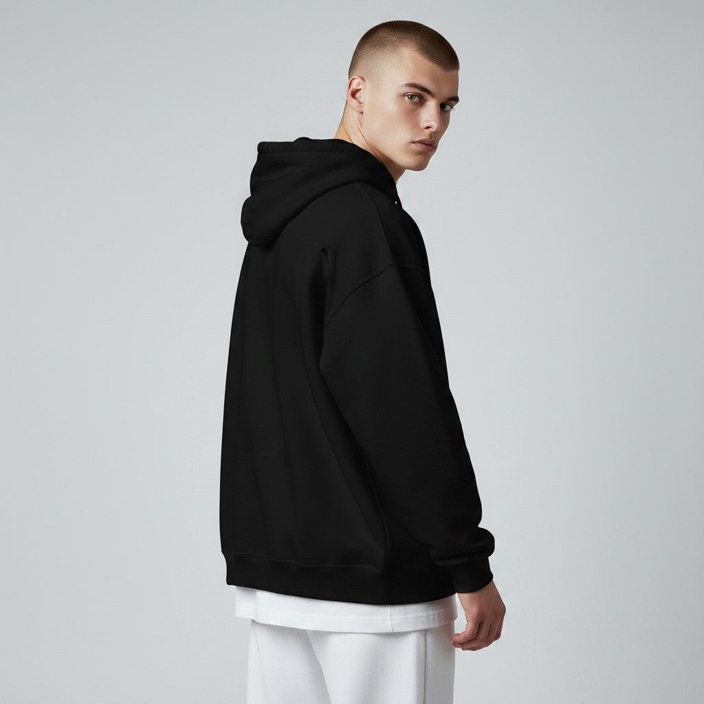GYM PANTHERS black essential hoodie for men, made with air-jet spun yarn for a soft feel, featuring a double-lined hood and pouch pocket.