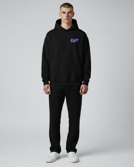 Black cotton blend hoodie from GYM PANTHERS with a purple and blue gradient GP logo on the left chest. Features a double-lined hood, drawcord, front pouch pocket, and ribbed cuffs and waistband.