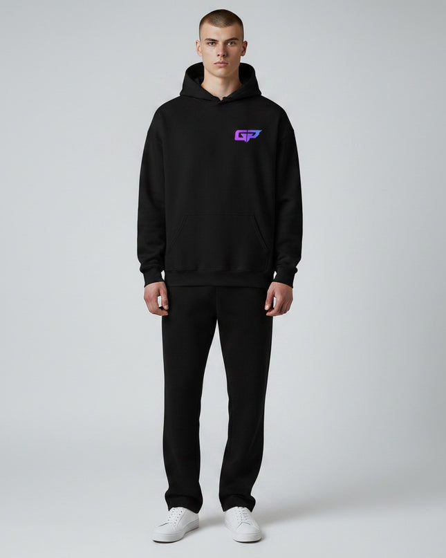 Black cotton blend hoodie from GYM PANTHERS with a purple and blue gradient GP logo on the left chest. Features a double-lined hood, drawcord, front pouch pocket, and ribbed cuffs and waistband.