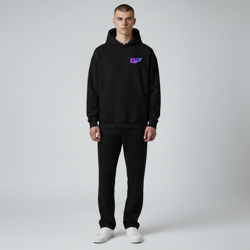 Black cotton blend hoodie from GYM PANTHERS with a purple and blue gradient GP logo on the left chest. Features a double-lined hood, drawcord, front pouch pocket, and ribbed cuffs and waistband.