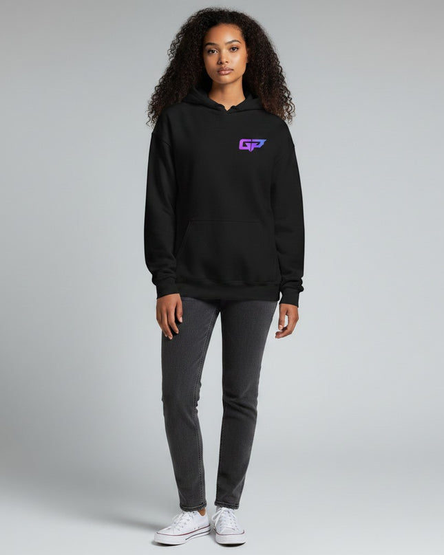 GYM PANTHERS black premium cotton hoodie with a purple and blue gradient GP logo on the chest and a front pouch pocket.