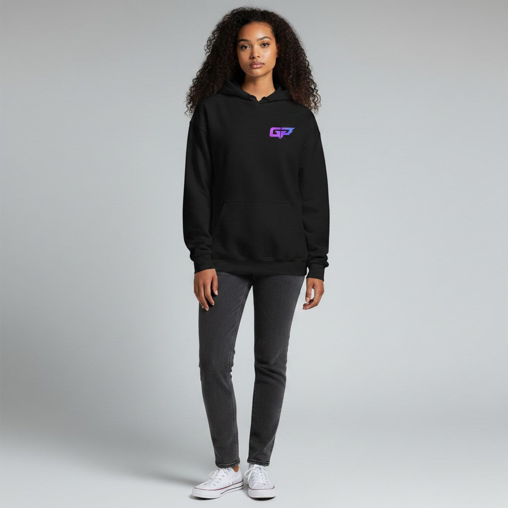 GYM PANTHERS black premium cotton hoodie with a purple and blue gradient GP logo on the chest and a front pouch pocket.