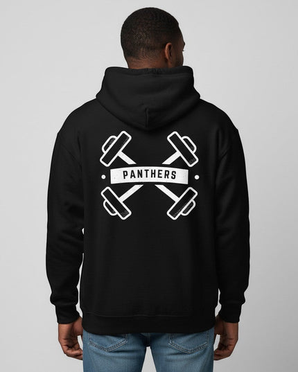 GYM PANTHERS black cotton-poly blend pullover hoodie with crossed dumbbells and Panthers logo on back.