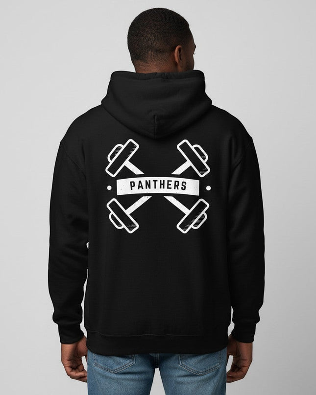 GYM PANTHERS black cotton-poly blend pullover hoodie with crossed dumbbells and Panthers logo on back.