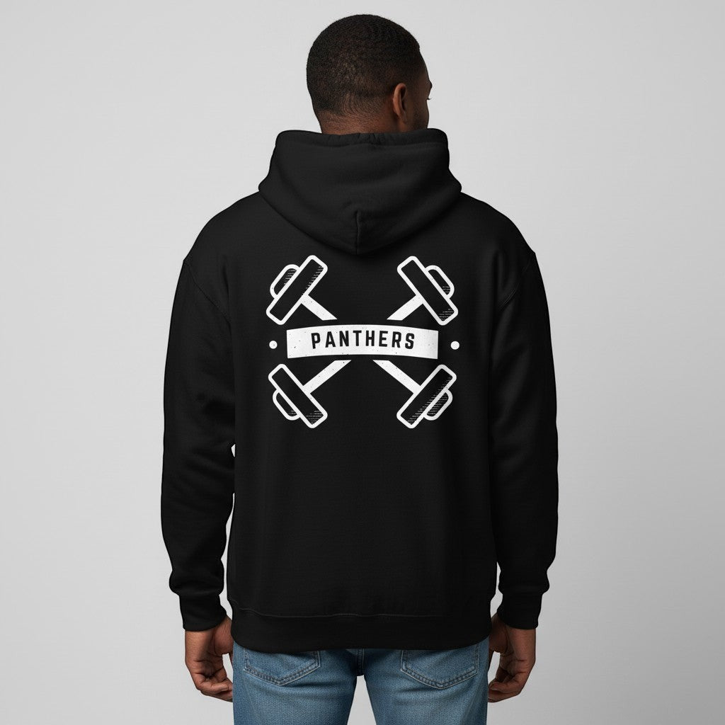 GYM PANTHERS black cotton-poly blend pullover hoodie with crossed dumbbells and Panthers logo on back.