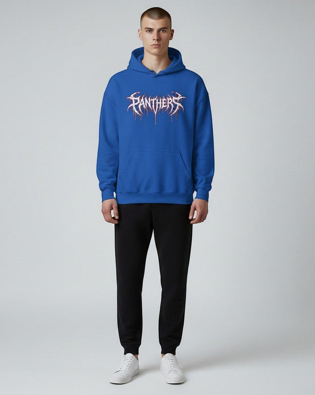 GYM PANTHERS blue unisex hoodie with white and red dripping 'Panthers' graphic on chest. Soft fabric, structured fit.