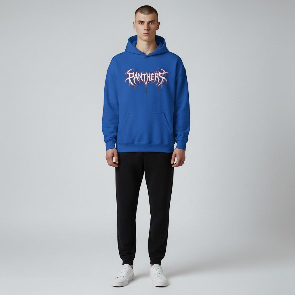 GYM PANTHERS blue unisex hoodie with white and red dripping 'Panthers' graphic on chest. Soft fabric, structured fit.