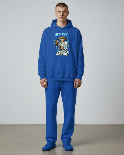 GYM PANTHERS blue cotton-blend hoodie with a graphic print of an elder martial artist surrounded by lightning.