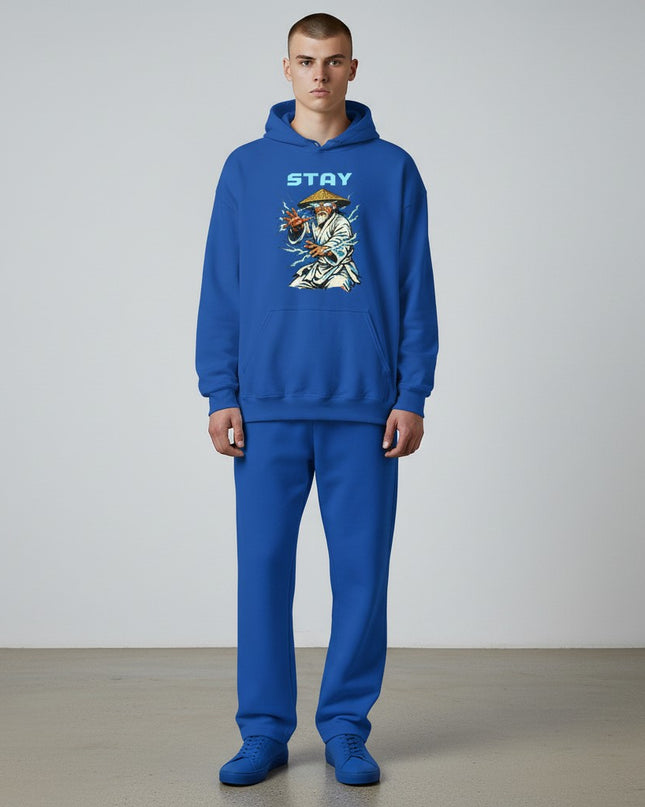 GYM PANTHERS blue cotton-blend hoodie with a graphic print of an elder martial artist surrounded by lightning.