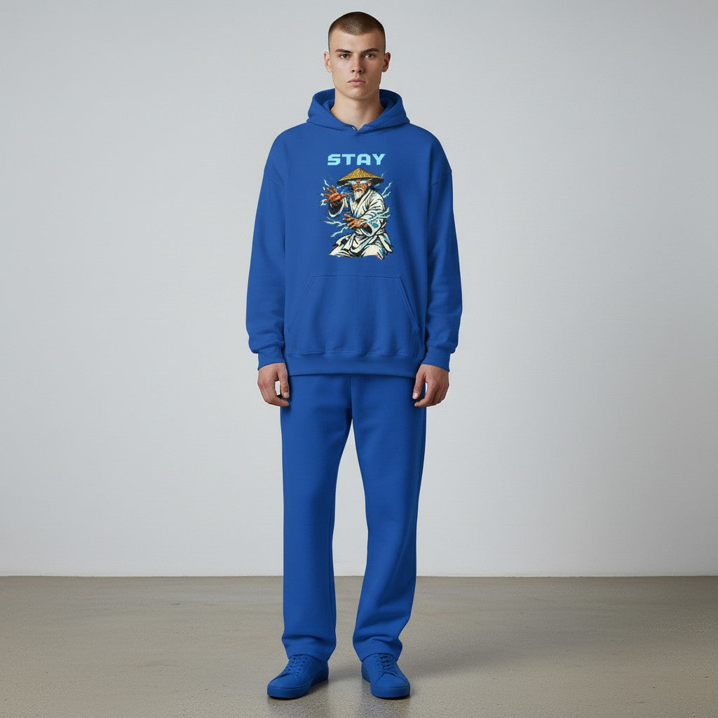 GYM PANTHERS blue cotton-blend hoodie with a graphic print of an elder martial artist surrounded by lightning.
