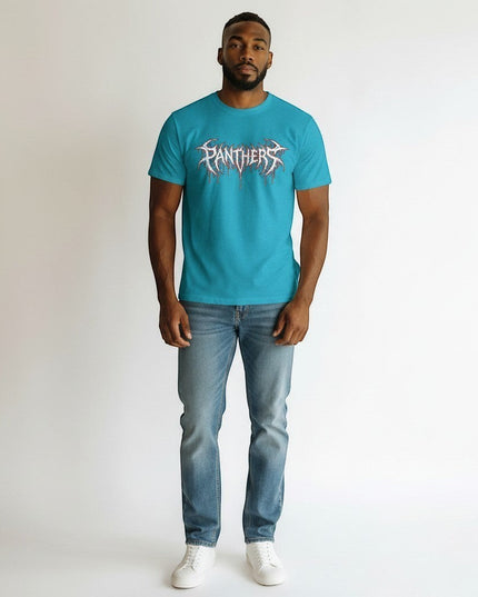 GYM PANTHERS blue 100% cotton t-shirt with a distressed white and red 'Panthers' graphic logo on the chest.