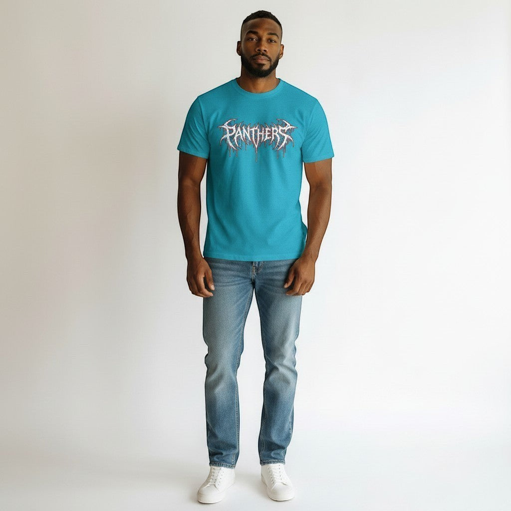 GYM PANTHERS blue 100% cotton t-shirt with a distressed white and red 'Panthers' graphic logo on the chest.