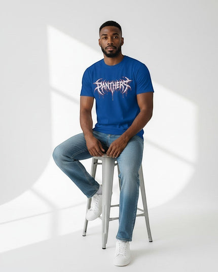 GYM PANTHERS blue 100% cotton t-shirt with white and red 'Panthers' graphic logo on chest. Lightweight, soft, and flattering fit.