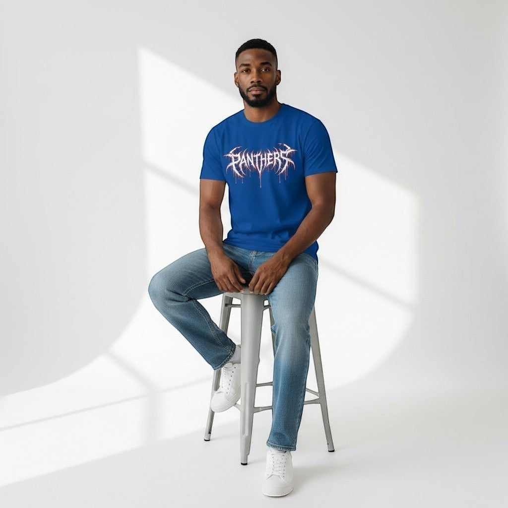 GYM PANTHERS blue 100% cotton t-shirt with white and red 'Panthers' graphic logo on chest. Lightweight, soft, and flattering fit.