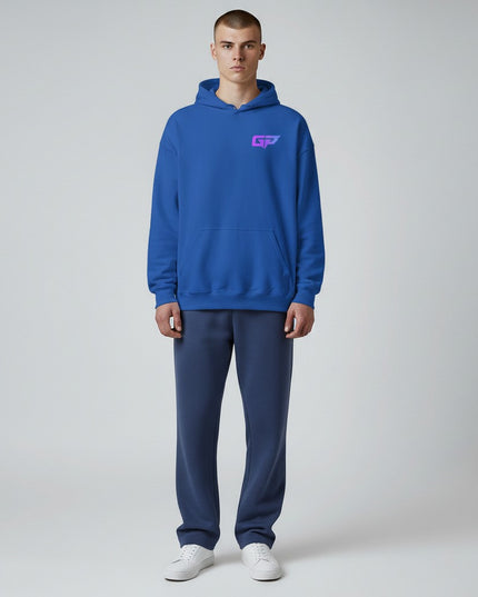 GYM PANTHERS blue premium hoodie with a gradient GP logo on the chest. Features a double-lined hood, drawcord, pouch pocket, and ribbed cuffs/waistband.