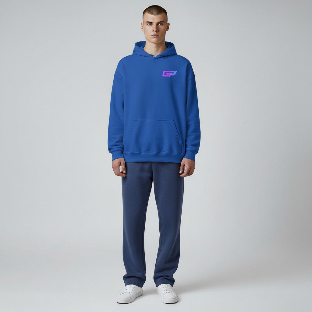 GYM PANTHERS blue premium hoodie with a gradient GP logo on the chest. Features a double-lined hood, drawcord, pouch pocket, and ribbed cuffs/waistband.