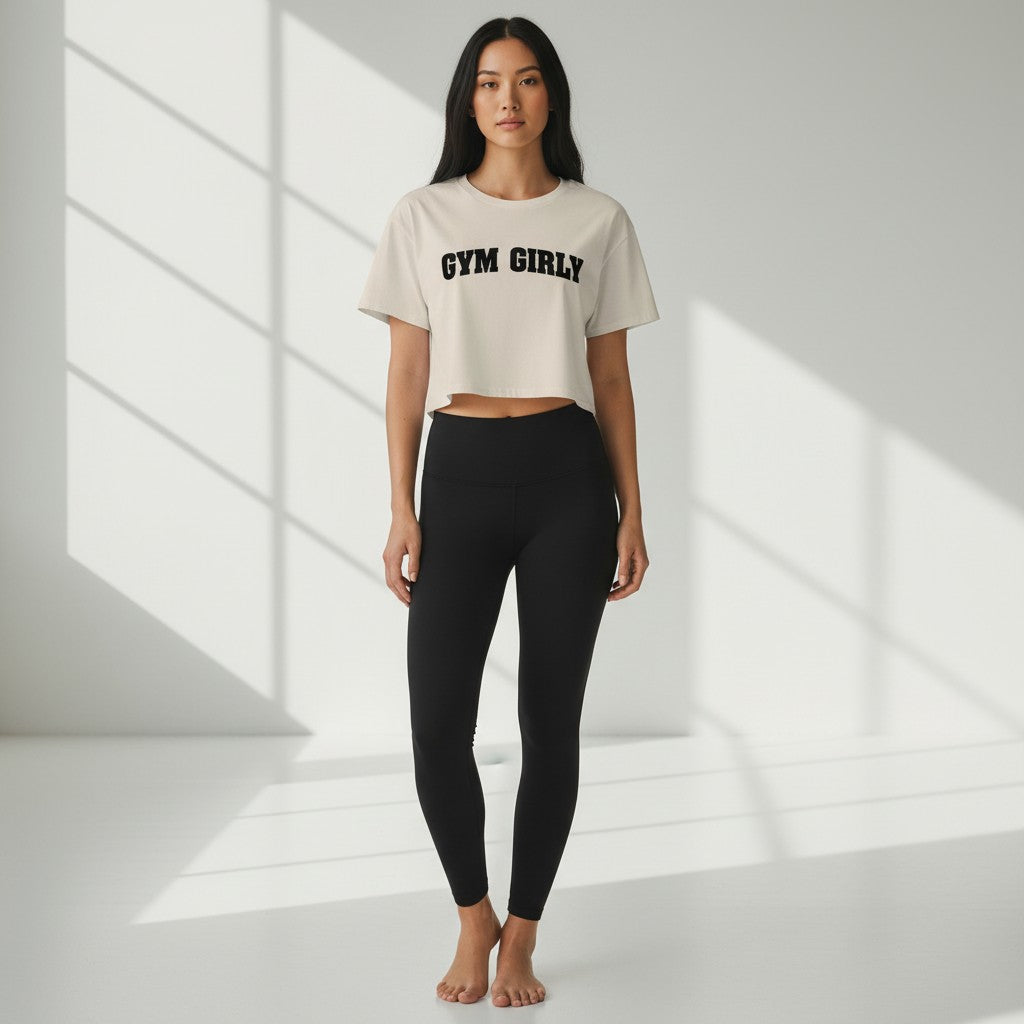 GYM PANTHERS cream cotton blend crop top with black "Gym Girly" text, short sleeves, and relaxed fit.