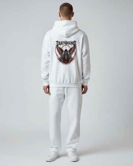 GYM PANTHERS white cotton hoodie with a dark graphic featuring a hooded figure with wings, dripping text, and barbed wire.