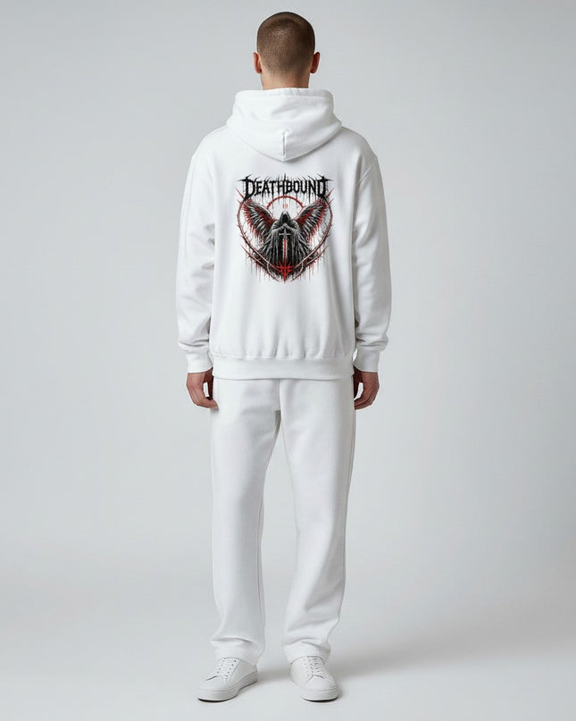 GYM PANTHERS white cotton hoodie with a dark graphic featuring a hooded figure with wings, dripping text, and barbed wire.
