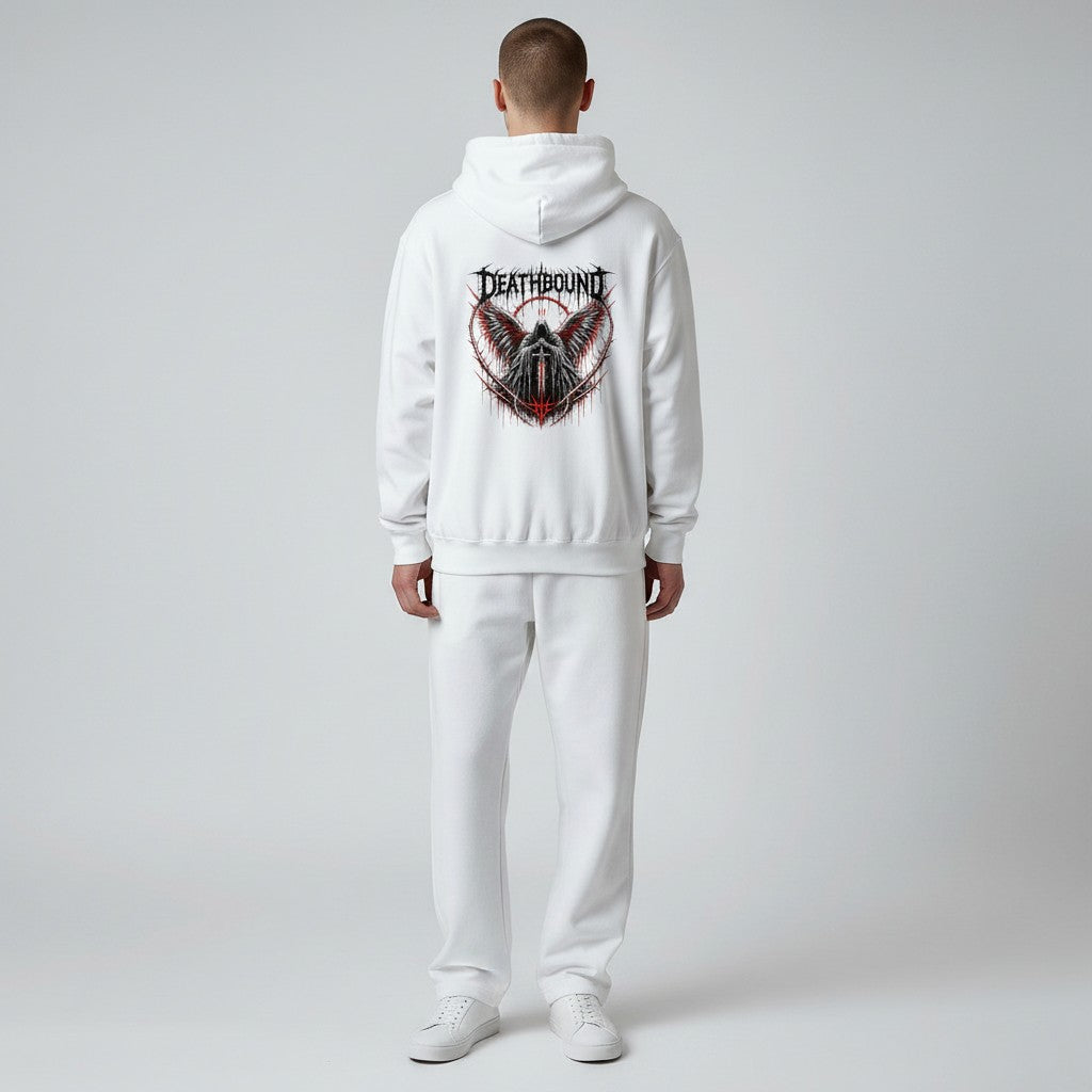 GYM PANTHERS white cotton hoodie with a dark graphic featuring a hooded figure with wings, dripping text, and barbed wire.