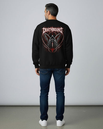 GYM PANTHERS black crewneck sweatshirt with a graphic of a hooded figure with wings and a sword, text reads DEATHBOUND.