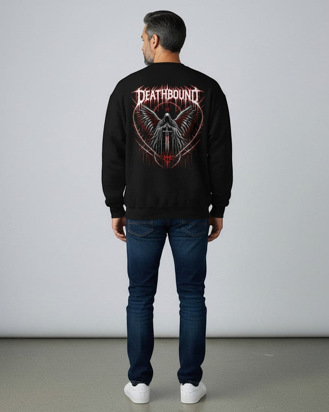 GYM PANTHERS black crewneck sweatshirt with a graphic of a hooded figure with wings and a sword, text reads DEATHBOUND.