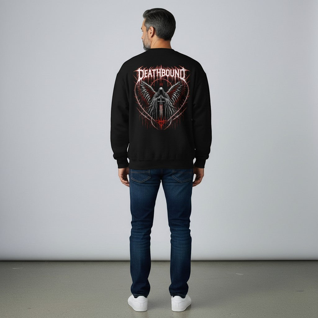 GYM PANTHERS black crewneck sweatshirt with a graphic of a hooded figure with wings and a sword, text reads DEATHBOUND.