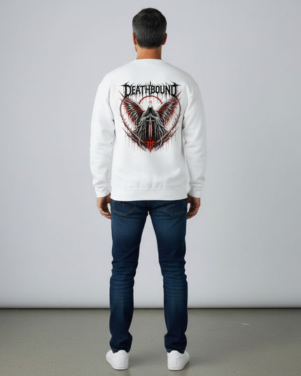 GYM PANTHERS white crewneck sweatshirt with a graphic of a hooded figure with red and black wings, holding a sword, surrounded by barbed wire.