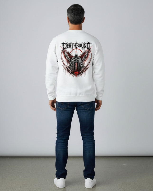 GYM PANTHERS white crewneck sweatshirt with a graphic of a hooded figure with red and black wings, holding a sword, surrounded by barbed wire.