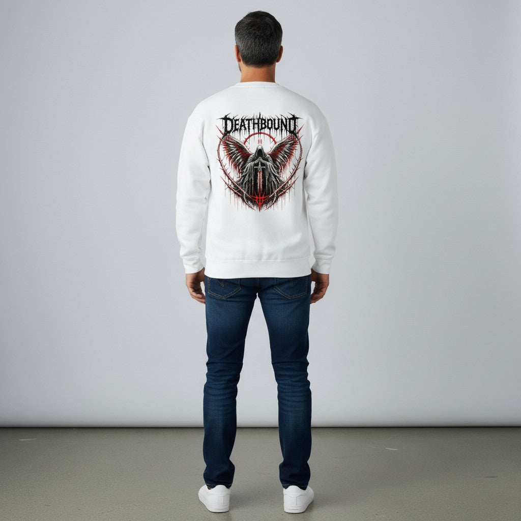 GYM PANTHERS white crewneck sweatshirt with a graphic of a hooded figure with red and black wings, holding a sword, surrounded by barbed wire.