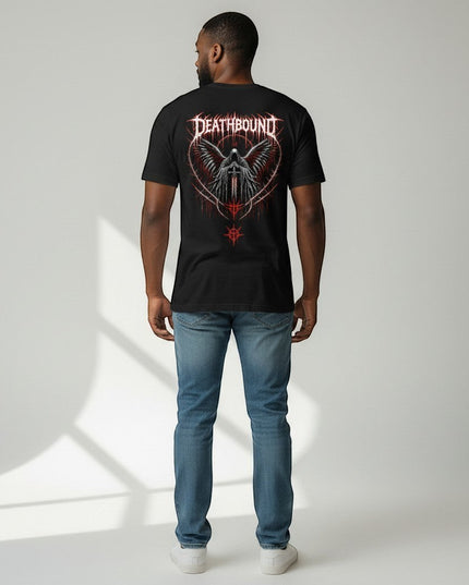 GYM PANTHERS black cotton t-shirt with a graphic print of a winged figure holding a sword, with the word DEATHBOUND above.