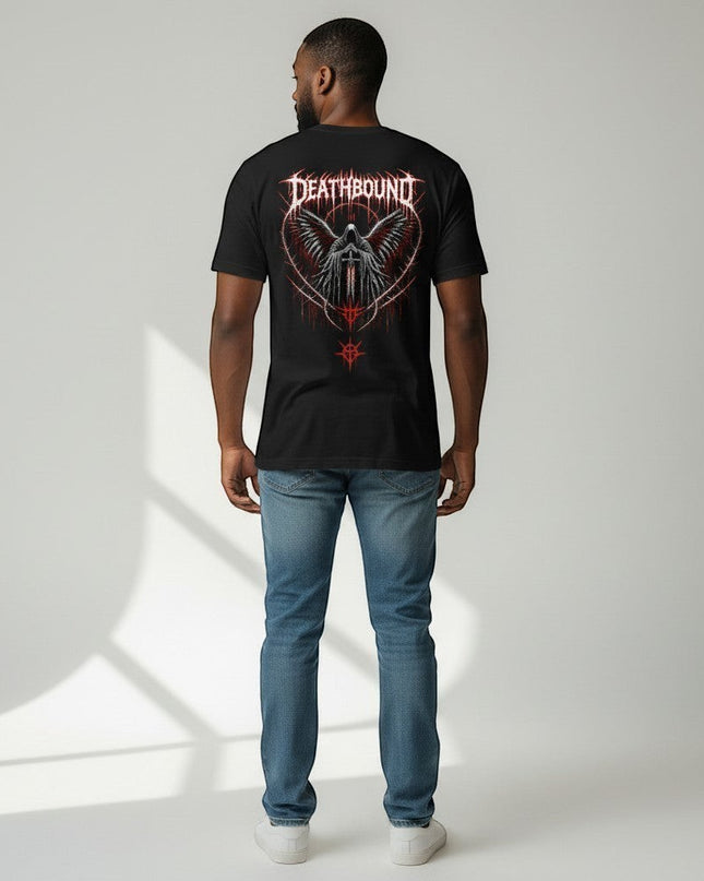 GYM PANTHERS black cotton t-shirt with a graphic print of a winged figure holding a sword, with the word DEATHBOUND above.