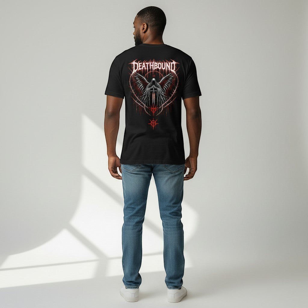 GYM PANTHERS black cotton t-shirt with a graphic print of a winged figure holding a sword, with the word DEATHBOUND above.