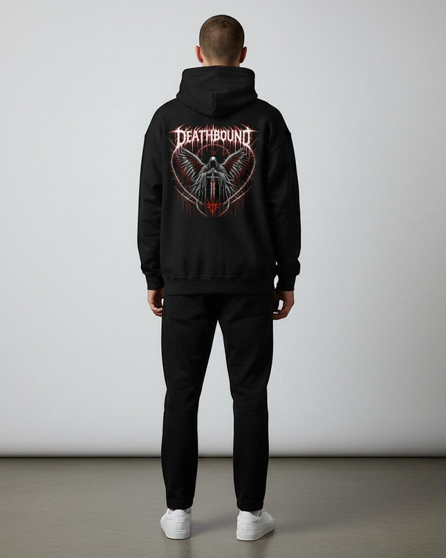 GYM PANTHERS black hoodie with a dark graphic featuring a hooded figure with wings, a sword, and dripping typography.