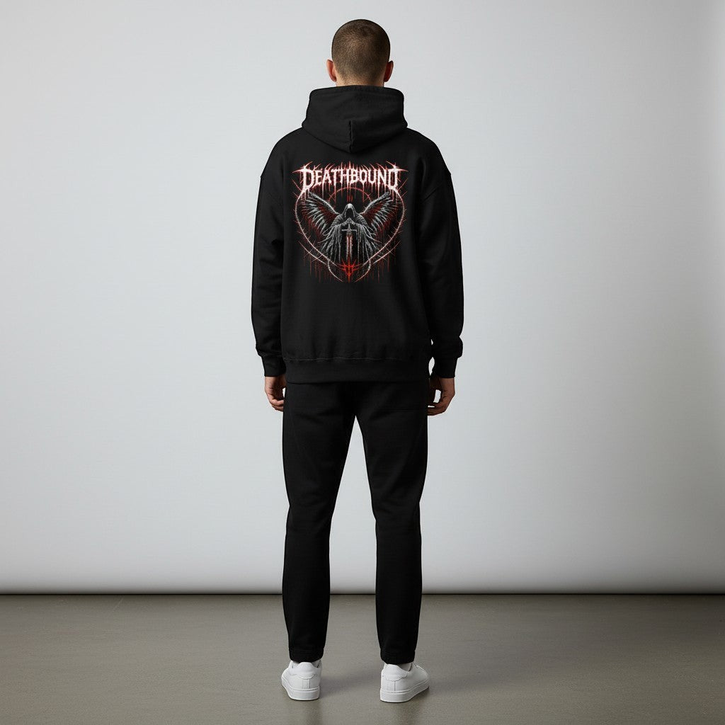 GYM PANTHERS black hoodie with a dark graphic featuring a hooded figure with wings, a sword, and dripping typography.