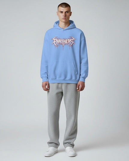 GYM PANTHERS light blue hooded sweatshirt with white and red dripping 'PANTHERS' graphic logo on the chest.